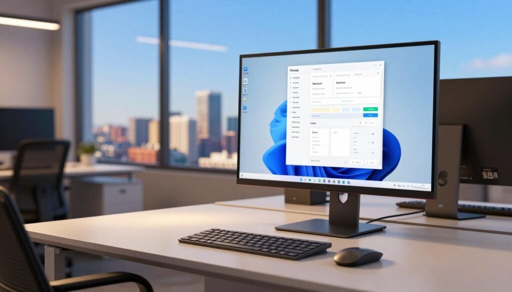 A modern office environment showcasing a sleek desktop setup featuring Windows 11's multitasking capabilities with Snap Layouts and Virtual Desktops. In the foreground, a large computer monitor displays multiple Snap Layouts with various applications open, illustrating a seamless multitasking experience. The middle ground features a stylish ergonomic desk, complete with a wireless keyboard and mouse. Ambient lighting casts a warm glow, creating a productive atmosphere. In the background, a large window reveals a vibrant cityscape under a clear blue sky, adding depth. The scene evokes a sense of innovation and efficiency, perfect for enhancing user productivity, with clean lines and a minimalistic aesthetic. No humans are present, ensuring focus on the technology.