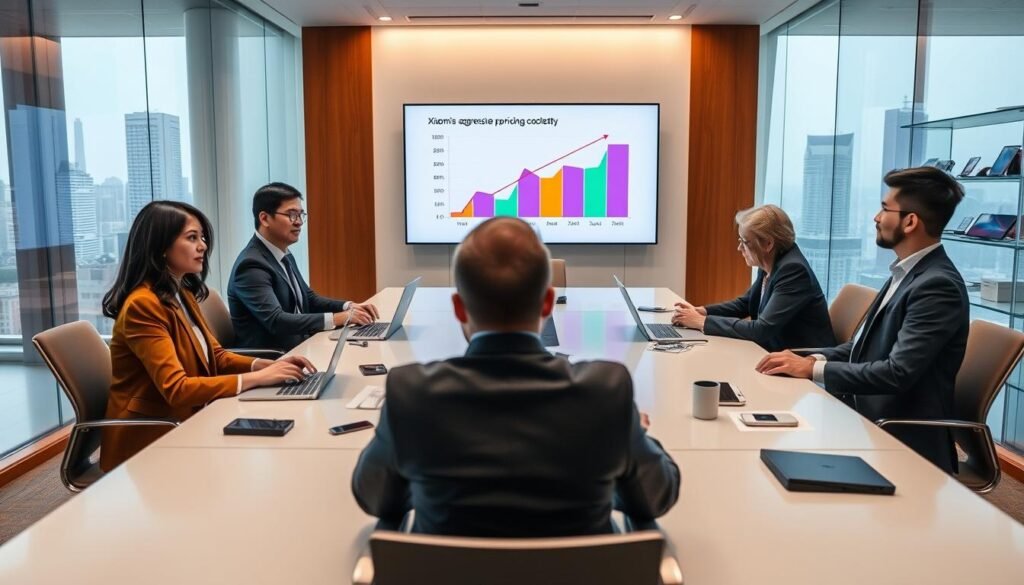 A modern office meeting room showcasing a strategic business discussion centered around Xiaomi's direct-to-consumer model. In the foreground, a diverse group of five professionals, dressed in smart business attire, are gathered around a sleek conference table filled with laptops and charts illustrating pricing strategies. The middle ground features a large screen displaying a colorful graph comparing Xiaomi's aggressive pricing with competitors. The background shows sophisticated glass walls with cityscape views and innovative tech gadgets on shelves. The scene is illuminated with soft, warm lighting, creating a focused yet dynamic atmosphere, capturing the essence of strategic business planning and competitive analysis.