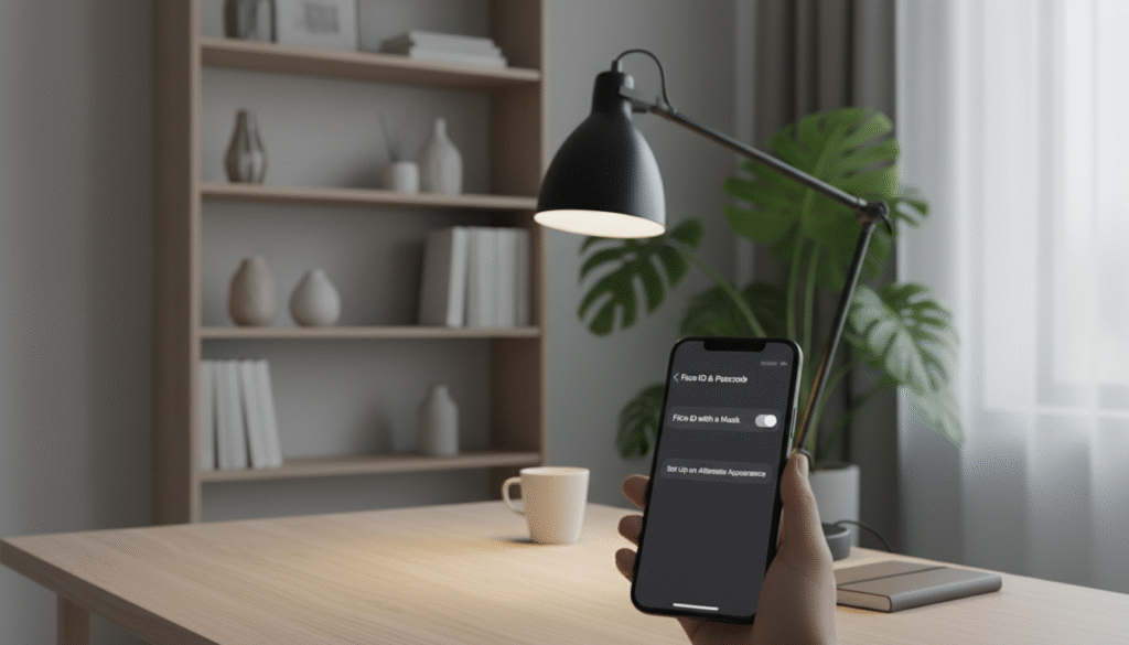 A modern smartphone displaying the Face ID settings screen in the foreground, showcasing the option for activating Face ID with a mask. The middle ground features a well-organized, minimalist desk complete with a stylish desk lamp casting soft, warm light, enhancing the tech-savvy atmosphere. In the background, there are blurred elements of a cozy home office, such as bookshelves and a plant, creating a relaxed but professional setting. The color palette is neutral with calming earthy tones, invoking a sense of ease and clarity. The image captures a focus on technology with a touch of comfort, ideal for illustrating a tech guide without any distractions or text. The scene is well-lit, with a slight depth of field effect.