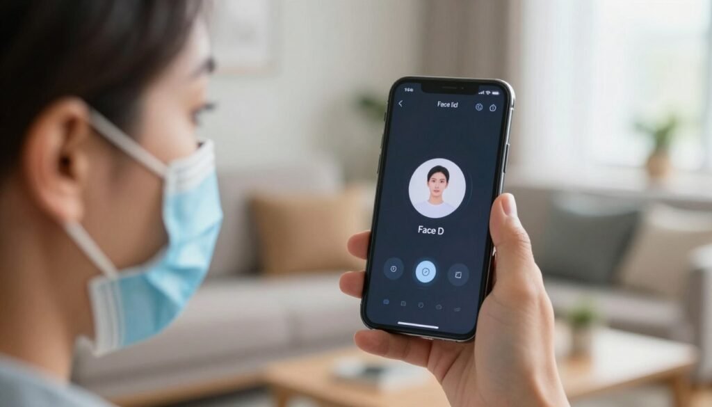 A modern smartphone user activating Face ID while wearing a medical mask. The foreground features a close-up of the user's face partially obscured by a stylish surgery mask, with focused eyes looking at the phone's screen. The middle ground showcases an iPhone held at eye level, displaying the Face ID interface, with a subtle glow indicating it's actively scanning. The background is a softly blurred indoor environment resembling a cozy home or office, incorporating warm, natural lighting from a nearby window. The mood is a blend of innovation and comfort, emphasizing the ease of technology in everyday life. The scene should be professionally lit, with a slight bokeh effect to draw attention to the interaction between the user and the device.
