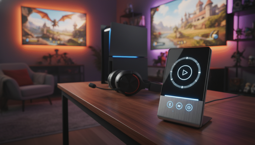 A modern speaker controller prominently displayed in the foreground, showcasing a sleek, minimalistic design with intuitive touch controls and LED indicators. The middle ground features a high-end gaming console and gaming headset, set on an elegant wooden desk. In the background, a cozy gaming room environment is softly lit, with ambient backlighting that creates a warm and immersive atmosphere. A large TV screen displays a vibrant gaming scene, enhancing the mood. The composition emphasizes clarity and focus on the speaker controller’s features, highlighting the blend of technology and audio experience. The lighting is soft and warm, with a slight depth of field effect to draw attention to the speaker controller, creating a sense of professionalism and innovation in the gaming realm.