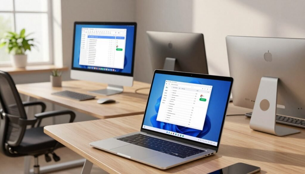 A modern workspace showcasing multiple desktops running Chrome OS, highlighting the hidden productivity feature. In the foreground, a sleek laptop with a vibrant Chrome OS interface displaying several organized virtual desktops, each with distinct applications—such as spreadsheets, web browsers, and presentation software. The middle layer reveals a stylish desktop environment, featuring a minimalistic design with a comfortable ergonomic chair and a stylish desk. In the background, soft natural lighting enters through a large window, casting a warm ambiance across the scene. A green potted plant adds a touch of nature, enhancing the atmosphere of focus and creativity. The angle captures the dynamic relationship between technology and productivity, evoking a sense of efficiency and modernity.
