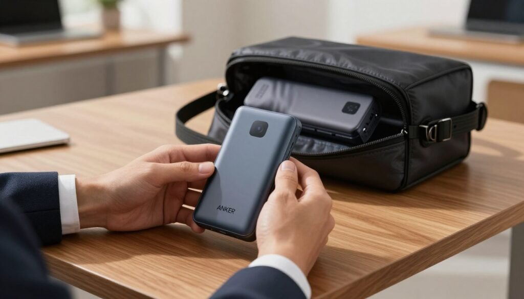 A premium power bank, the Anker 737, sits prominently on a sleek, modern wooden desk. The power bank's surface features a matte finish with subtle textures, reflecting a sense of high quality and safety. In the foreground, a pair of stylish, professional business hands gently hold the device, showcasing its compact size and robustness. The middle ground presents an open designer bag revealing a slightly raised, slightly bulging protective casing, hinting at its safety features and the potential hazards of poor-quality power banks. The background softens into a blurred office setting with warm lighting that creates a serene, focused atmosphere, emphasizing technological reliability and user trust. The overall mood conveys confidence in the product’s quality and safety.