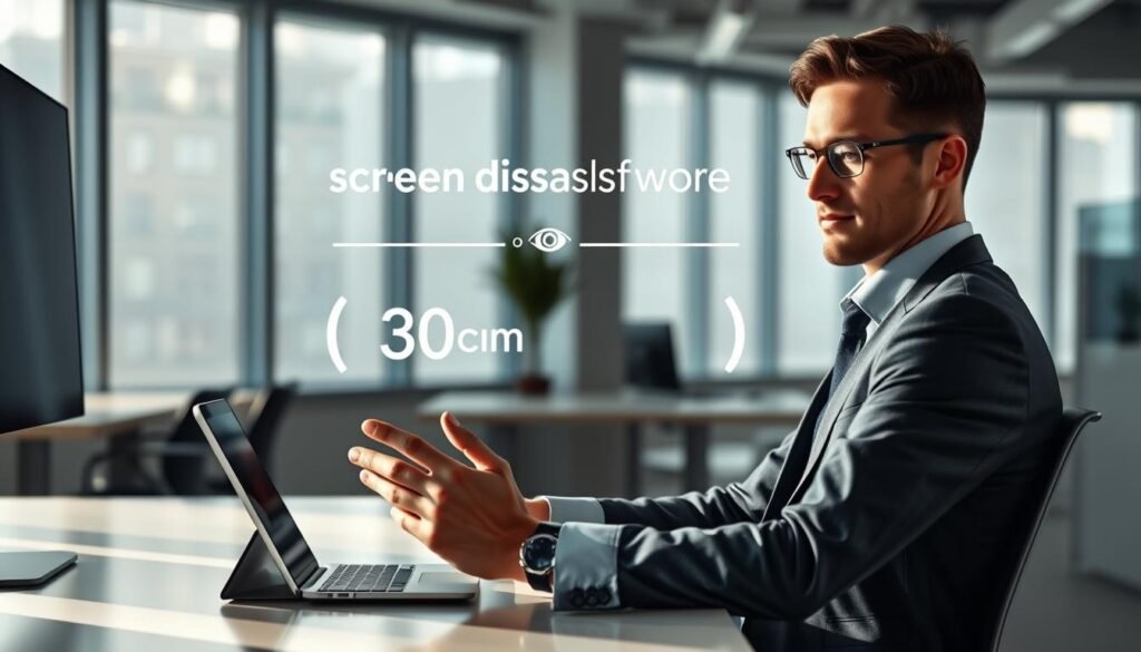A professional man in a modern office setting, wearing smart casual attire, sitting at a sleek desk with an iOS device in hand, demonstrating the screen distance feature. The foreground showcases his focused expression as he interacts with the device, emphasizing awareness of eye health. In the middle ground, a digital graphic overlay symbolizes optimal screen distance, depicting a safe distance of at least 30cm using visual indicators. The background features calming natural light filtering through large windows, adding to a serene and responsible atmosphere. The scene captures a balance between technology and well-being, with soft shadows and gentle highlights, creating an educational yet inviting mood.