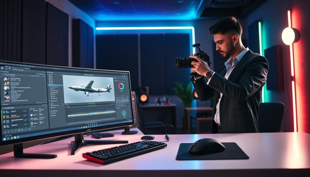 A realistic portrayal of a modern computer setup showcasing OBS Studio streaming and recording software. In the foreground, a high-resolution monitor displays the OBS interface, featuring various panels and settings open, such as scenes, sources, and audio mixer. The middle ground features a sleek, minimalistic desk with a gaming keyboard and mouse, illuminated by soft, focused LED lighting that enhances the tech vibe. In the background, a dimly lit room decorated with acoustic panels and colorful LED strip lights creates an inviting atmosphere for content creation. A professional individual, dressed in smart casual attire, adjusts the camera positioned nearby, capturing the essence of a home studio environment. The scene is bright yet moody, embodying creativity and professionalism in streaming.