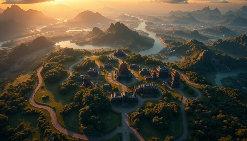 A reimagined Dota 2 map from patch 7.40, showcasing the vibrant changes introduced. In the foreground, a detailed layout of a major battleground area with lush vegetation and strategic pathways. The middle ground features iconic structures like towers and barracks, redesigned for the new meta. The background includes a panoramic view of the surrounding landscape, filled with dynamic lighting that highlights the different terrains, including forests, rivers, and mountains, creating an immersive atmosphere. The scene is set during sunset, casting a warm glow over the map, enhancing the sense of adventure and competition inherent in Dota 2 gameplay. Aim for a cinematic angle that captures the essence of strategic planning and engagement in this vibrant, updated game environment.