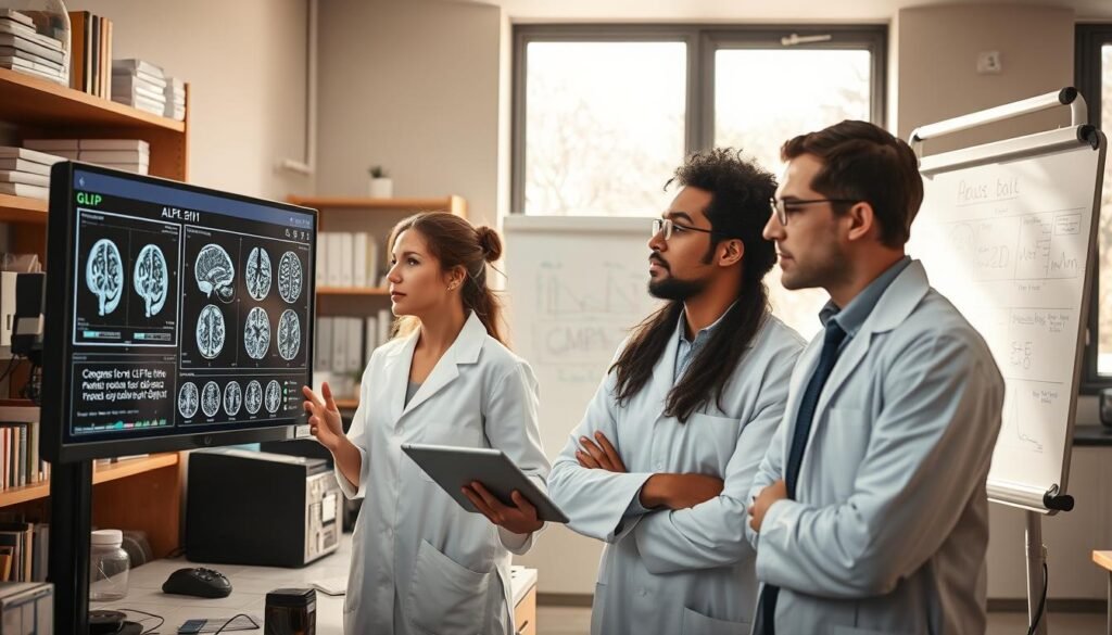 A serene and professional scene depicting a diverse group of scientists in a modern laboratory setting, focused on research related to Alzheimer’s disease and possible risk reduction through GLP-1. In the foreground, a female scientist in a lab coat examines brain scans on a high-tech monitor, while a male scientist thoughtfully analyzes data on a tablet. The middle ground showcases shelves filled with scientific books and research materials, with a whiteboard displaying complex data and charts about Alzheimer’s and GLP-1. In the background, sunlight filters through large windows, creating a warm atmosphere that conveys hope and innovation. The lighting is bright and even, emphasizing clarity and precision. The overall mood is one of collaboration and determination toward scientific discovery.