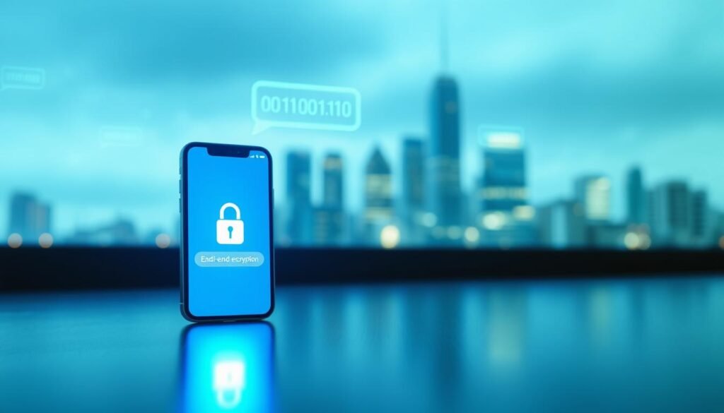 A serene and secure digital environment, featuring an abstract representation of message encryption. In the foreground, a glowing smartphone screen displays an iMessage conversation with a lock icon symbolizing end-to-end encryption. The middle ground showcases floating data streams and binary codes, representing secure data transfer. The background features blurred outlines of city buildings, hinting at urban connectivity and technology. Soft, cool lighting casts a calm ambiance, with a subtle blue and green color palette to evoke feelings of safety and security. The atmosphere is focused yet professional, capturing the essence of digital privacy and advanced security tips.