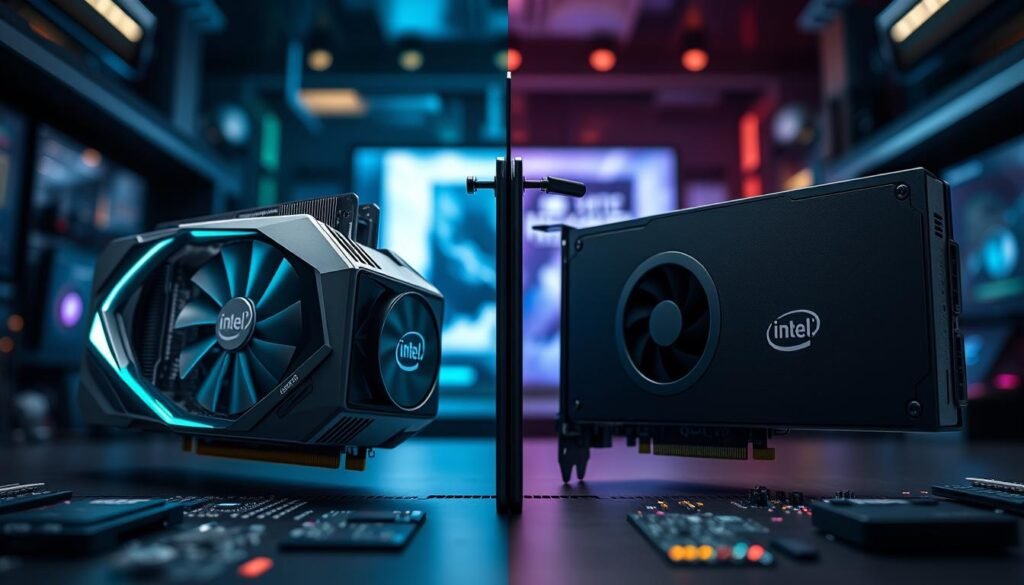 A side-by-side comparison of integrated graphics systems: On the left, depict a dynamic, modern representation of Intel Arc Graphics, showcasing its sleek architecture and cooling systems, featuring vibrant colors like teal and silver. On the right, illustrate Intel UHD Graphics, with a more subdued, classic design in shades of gray and black. The foreground should highlight various visual elements like circuit boards and graphical elements reminiscent of gaming and high-resolution display capabilities. In the background, create a blurred tech-themed environment, with soft lighting to enhance the focus on the graphics systems. Capture the scene from a slightly elevated angle for depth, portraying a sense of innovation and technological advancement. The mood is futuristic and engaging, suitable for a technology-focused article.
