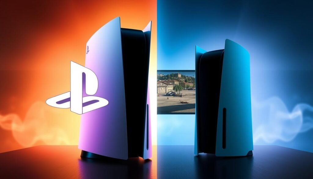 A side-by-side visual comparison showcasing the enhanced graphics of a classic PS2 game on a PS5. In the foreground, highlight a vivid representation of the PS5 console with its sleek, modern design, juxtaposed with a nostalgic PS2 logo. The middle section features a split screen: on the left, an original PS2 gameplay scene with pixelated graphics, and on the right, the same scene rendered in stunning, hyper-realistic graphics on the PS5. The background displays a subtle gradient blending from warm tones to cool blues, creating a dynamic and energetic atmosphere. Soft lighting casts dramatic shadows, emphasizing the textures of both consoles. The mood is one of excitement and nostalgia, capturing the evolution of gaming technology.