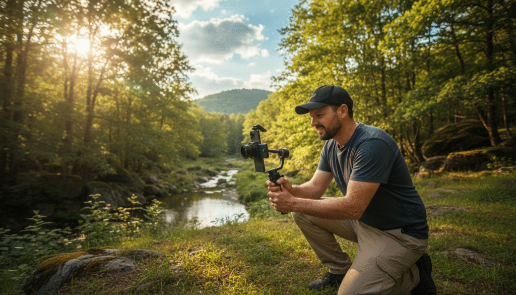 A skilled filmmaker capturing cinematic shots with an iPhone in a natural outdoor setting. Foreground: the filmmaker, dressed in casual yet professional attire, kneels on the ground holding the phone, concentrating on framing a shot. Middle ground: a lush landscape featuring vibrant greenery and soft sunlight filtering through the trees, showcasing depth and vibrant colors. Background: a soft-focus view of distant hills under a blue sky with fluffy white clouds, adding tranquility. The scene is illuminated with warm, natural lighting, creating an inviting atmosphere. Use a wide-angle lens perspective to emphasize the environment, and convey a sense of creative professionalism and innovation in smartphone videography techniques.