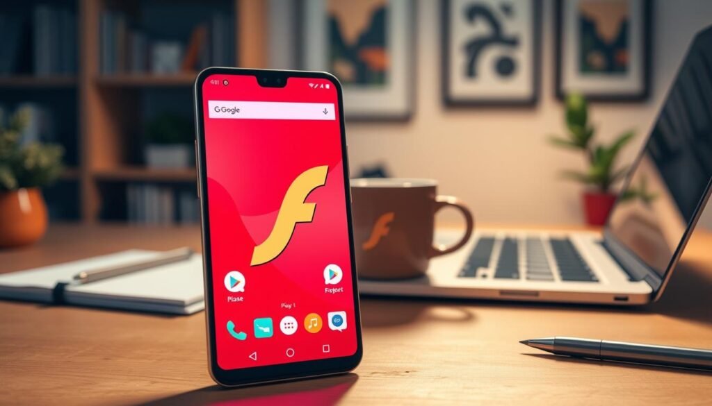 A sleek Android smartphone is prominently displayed in the foreground, showcasing the vibrant Flash Player interface. The screen glows with vivid colors, displaying playful animations and interactive elements reminiscent of classic Flash content. Surrounding the smartphone, a modern desk setup includes a laptop, notepads, and a cup of coffee, creating a cozy workspace atmosphere. In the background, soft, ambient lighting casts gentle shadows, enhancing the warmth of the scene. The background hints at a home office, with blurred bookshelves and framed art that suggest a technological but relaxed environment. The mood is informative and inviting, encouraging the viewer to explore the tips and tricks for using Flash Player on Android 14. Capture this image with a soft focus and warm color palette, evoking a sense of nostalgia while keeping a fresh, contemporary feel. A sleek Android smartphone is prominently displayed in the foreground, showcasing the vibrant Flash Player interface. The screen glows with vivid colors, displaying playful animations and interactive elements reminiscent of classic Flash content. Surrounding the smartphone, a modern desk setup includes a laptop, notepads, and a cup of coffee, creating a cozy workspace atmosphere. In the background, soft, ambient lighting casts gentle shadows, enhancing the warmth of the scene. The background hints at a home office, with blurred bookshelves and framed art that suggest a technological but relaxed environment. The mood is informative and inviting, encouraging the viewer to explore the tips and tricks for using Flash Player on Android 14. Capture this image with a soft focus and warm color palette, evoking a sense of nostalgia while keeping a fresh, contemporary feel.