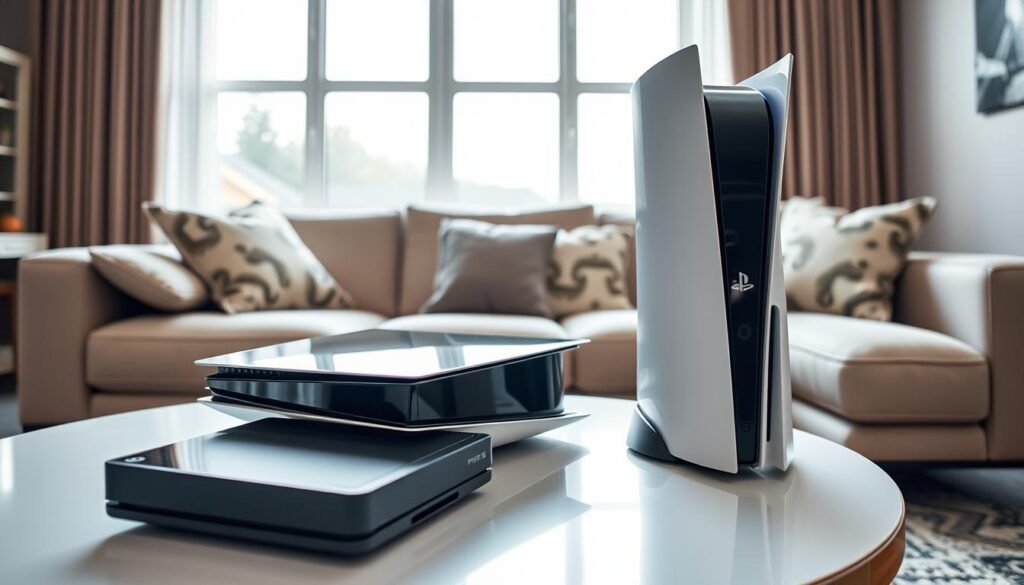 A sleek PlayStation 5 Slim with a detachable optical disk drive, prominently displayed in a modern living room setting. The console features a glossy black finish with elegant white accents, exuding a futuristic design. In the foreground, a stylish table holds the console alongside a 2TB external storage unit, reflecting its upgraded capacity. The middle ground showcases a cozy couch adorned with gaming cushions, setting a relaxed atmosphere. In the background, a large window lets in soft natural light, creating a warm and inviting environment. The scene captures the excitement of the new PS5 Slim model, emphasizing its availability and storage advantage. The angle is a dynamic low shot, highlighting the console as the focal point but maintaining an overall balanced composition.