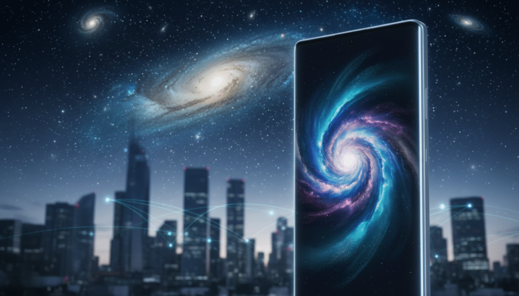 A sleek and futuristic Samsung Galaxy S26 smartphone displayed prominently in the foreground, showcasing its curved edge display and minimalist design. The device glows softly, highlighting its advanced features, with a vibrant screen illuminating the surroundings. In the middle ground, a blurred cityscape can be seen, symbolizing technological advancement and connectivity. The background features a starry sky filled with swirling galaxies, conveying an atmosphere of innovation and exploration. The lighting is dynamic, with a subtle blue and silver color palette that enhances the smartphone's modern appeal. The angle is slightly tilted, offering a dynamic perspective, and creating an engaging focal point. The image captures the essence of cutting-edge technology that characterizes the Galaxy S26, exuding a sense of excitement and sophistication.