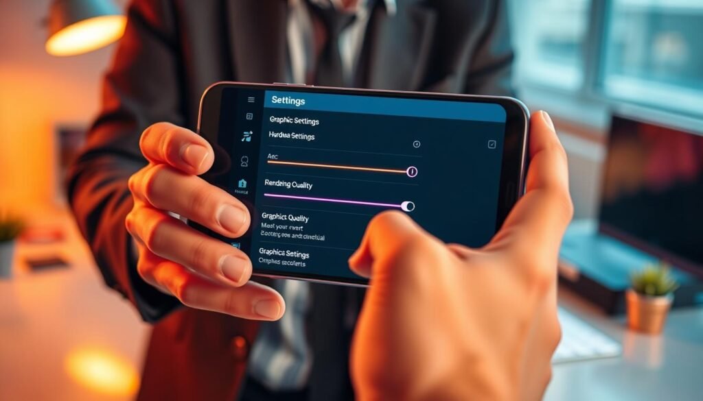 A sleek and modern Android interface displayed on a smartphone, showcasing the Graphics Settings menu. In the foreground, the device is held in the hands of a professional person dressed in smart-casual attire, intently focused on the screen. The middle section highlights vibrant icons and sliders for graphic options like "Hardware Acceleration" and "Rendering Quality," illuminated with a soft glow to emphasize their importance. The background features a blurred, contemporary tech workspace with a few subtle, out-of-focus gadgets and ambient lighting creating an inspiring atmosphere. The overall mood conveys a sense of exploration and empowerment, with warm tones to evoke creativity and innovation in mobile technology. Use a clean, high-resolution angle to highlight the details on the screen. A sleek and modern Android interface displayed on a smartphone, showcasing the Graphics Settings menu. In the foreground, the device is held in the hands of a professional person dressed in smart-casual attire, intently focused on the screen. The middle section highlights vibrant icons and sliders for graphic options like "Hardware Acceleration" and "Rendering Quality," illuminated with a soft glow to emphasize their importance. The background features a blurred, contemporary tech workspace with a few subtle, out-of-focus gadgets and ambient lighting creating an inspiring atmosphere. The overall mood conveys a sense of exploration and empowerment, with warm tones to evoke creativity and innovation in mobile technology. Use a clean, high-resolution angle to highlight the details on the screen.