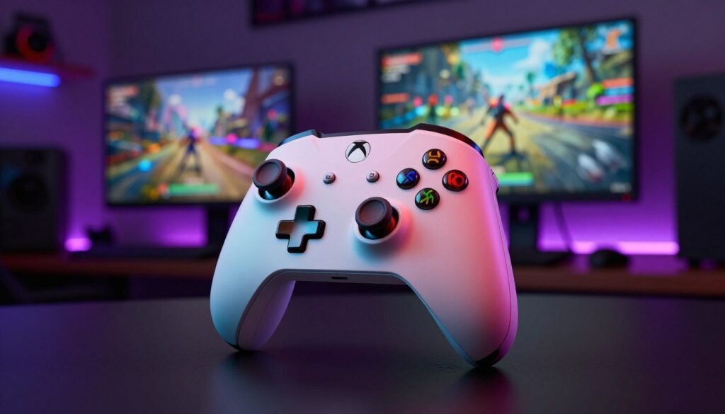 A sleek and modern Xbox Wireless Controller, prominently displayed in the foreground, showcasing its ergonomic design and vibrant colors. The controller features enhanced grips, smooth buttons, and a refined D-pad, emphasizing its latest upgrades. In the middle ground, include a blurred gaming setup with a high-resolution monitor displaying an action-packed game scene. The background is a stylish, dimly lit gaming room adorned with RGB lighting, creating an immersive atmosphere. Soft, focused lighting highlights the controller, casting subtle shadows to add depth. The angle should be slightly above eye level, capturing the controller’s details while hinting at the gaming experience it offers. The mood is energetic and thrilling, inviting gamers to explore its features and improvements.
