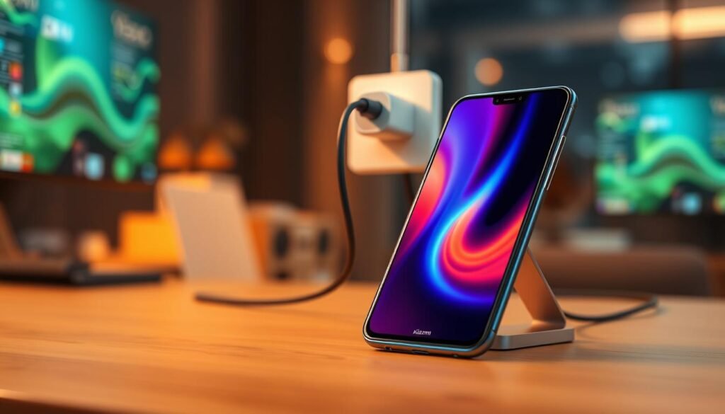 A sleek and modern Xiaomi 11T Pro smartphone with a HyperCharge 120W feature prominently displayed in the foreground, glowing softly to highlight its advanced design. The phone's screen shines with vibrant colors, showcasing its exceptional display quality. In the middle ground, a charging cable snakes towards a stylish wall charger, emphasizing the fast-charging capability. The background is a subtle blurred out-of-focus tech environment, suggesting innovation and high-tech ambiance. Warm, soft lighting creates an inviting atmosphere, reflecting the excitement of advanced technology. The scene is captured from a slightly high angle, focusing on the phone while maintaining a professional, clean appearance, free of any distractions or text elements.
