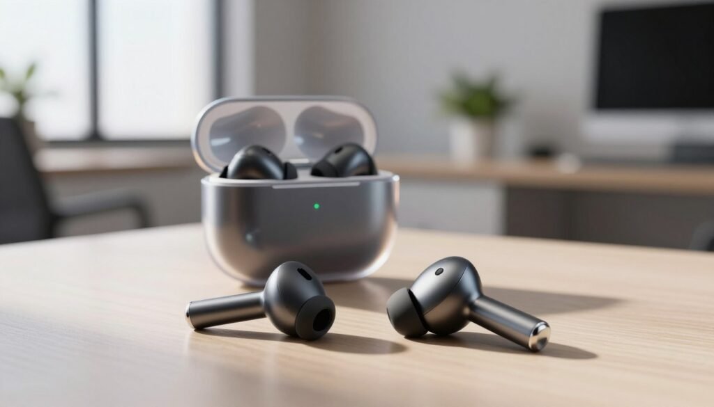 A sleek and modern design of wireless earbuds, showcasing a stylish metallic finish in elegant shades of matte black and silver. The earbuds are placed prominently in the foreground, displaying their ergonomic shape that emphasizes comfort for everyday use. In the middle ground, a transparent charging case is slightly open, revealing the earbuds nestled inside, with a soft, ambient glow illuminating them. The background features a minimalist office setting with subtle blurred elements, such as a desk and plants, which enhances the modern aesthetic. Soft, natural lighting cascades from a nearby window, creating a warm and inviting atmosphere that emphasizes the buds' advanced design. The overall mood is professional yet trendy, appealing to tech-savvy individuals who appreciate contemporary design.