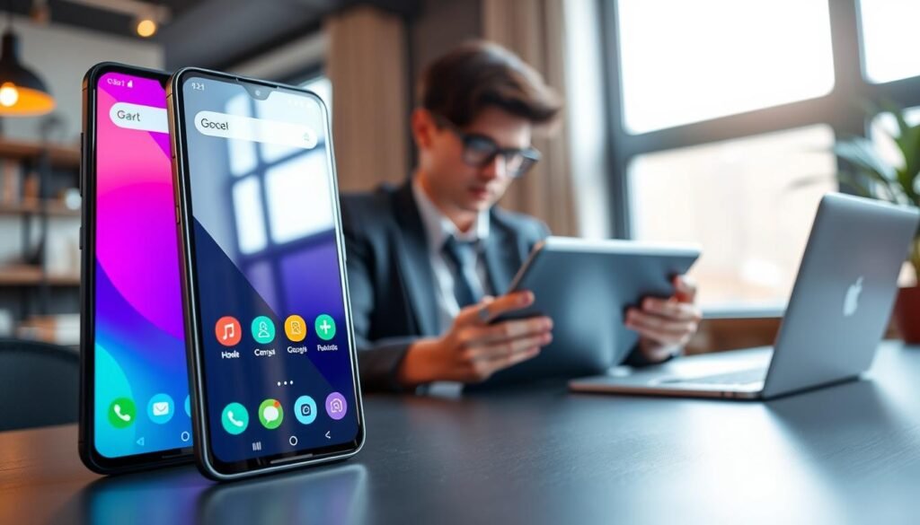 A sleek and modern smartphone, the Pixel 8a, prominently displayed in the foreground, showcasing its sleek design and vibrant display. To the side, an assortment of colorful app icons reflects the device's capabilities. In the middle ground, a person, dressed in professional business attire, is analyzing the smartphone using a tablet or laptop, emphasizing a tech-savvy atmosphere. The background features a stylish, contemporary workspace with soft lighting, creating a warm, inviting mood. Natural light filters through a nearby window, adding a touch of brightness to the scene. The focus is sharp on the smartphone, with a slight bokeh effect on the background elements to draw attention to the product's features.