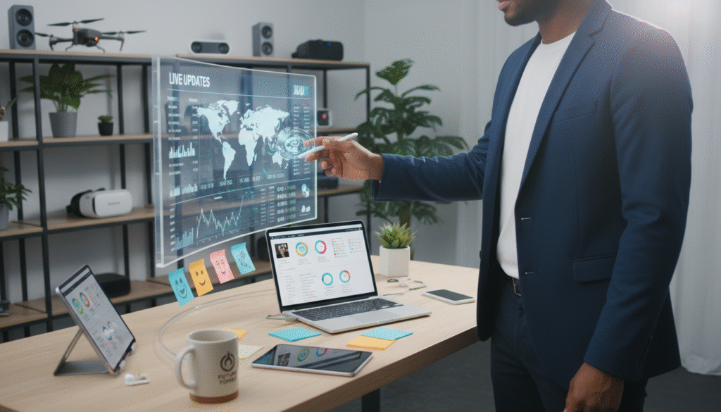 A sleek and modern workspace scene showcasing "live updates" on a high-resolution digital display. In the foreground, a professional person in smart casual attire interacts with a touchscreen interface, clearly engaged in productivity-enhancing features. The middle ground features a stylish desk with an open laptop, scattered digital notes, and a vibrant smartphone displaying new emojis against a backdrop of productivity tools. The background includes soft-focus shelves with tech gadgets and indoor plants, creating a balanced ambiance. The lighting is bright and inviting, casting a gentle glow on the workspace, with a slight lens flare to enhance the techy feel. The overall mood should be energetic and focused, inviting viewers into a world of innovation and efficiency.
