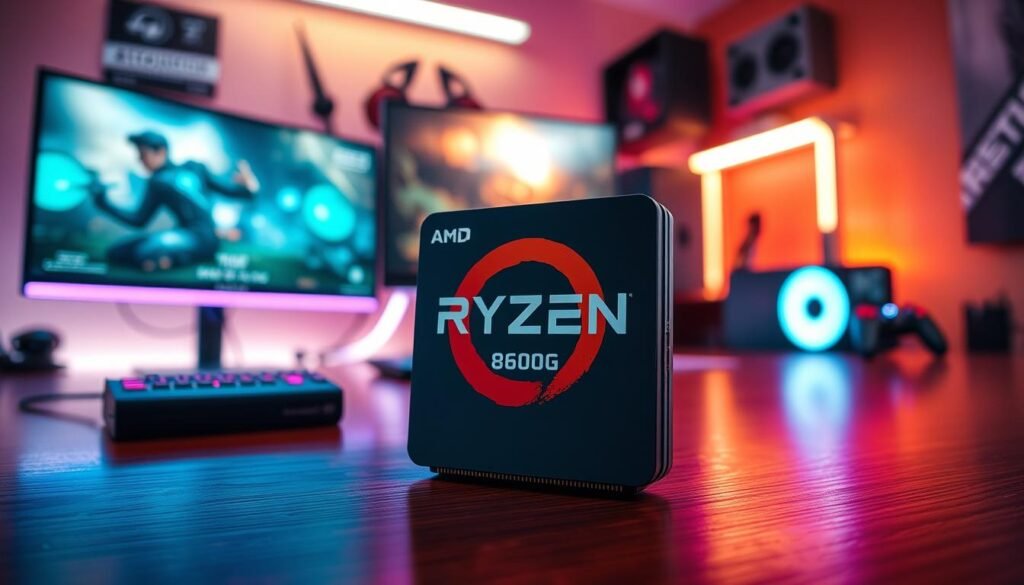 A sleek and powerful AMD Ryzen 5 8600G gaming processor prominently displayed on a polished wooden desk. The processor should be in the foreground, showcasing its intricate details and cooling solution, with the AMD logo clearly visible. In the middle ground, a high-tech gaming setup is illuminated by vibrant RGB lighting, featuring a high-resolution monitor displaying game graphics. The background should include a softly blurred gaming environment with subtle hints of gaming paraphernalia, like controllers and headphones. The overall lighting is warm and inviting, with a dramatic focus on the processor, creating a mood of excitement and high performance in gaming. The angle is slightly above eye level to emphasize the processor's significance in gaming performance without any text or distractions.