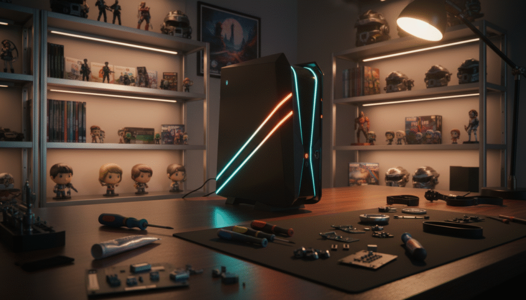 A sleek, custom-built gaming console, resembling a futuristic design with sharp angles and vibrant LED accents, prominently displayed on a polished wooden workspace. In the foreground, tools for upgrading and servicing the console, such as screwdrivers and thermal paste, are neatly arranged. The middle ground features the console itself, reflecting its high-tech aesthetic in soft ambient lighting. The background includes shelves lined with video game memorabilia, subtly lit to enhance the focus on the console. The scene is illuminated by warm, inviting light, creating a cozy yet professional atmosphere, suggesting a passion for gaming and tech modification. The composition should convey a sense of accessibility and sophistication, inviting the viewer to explore the upgrades.