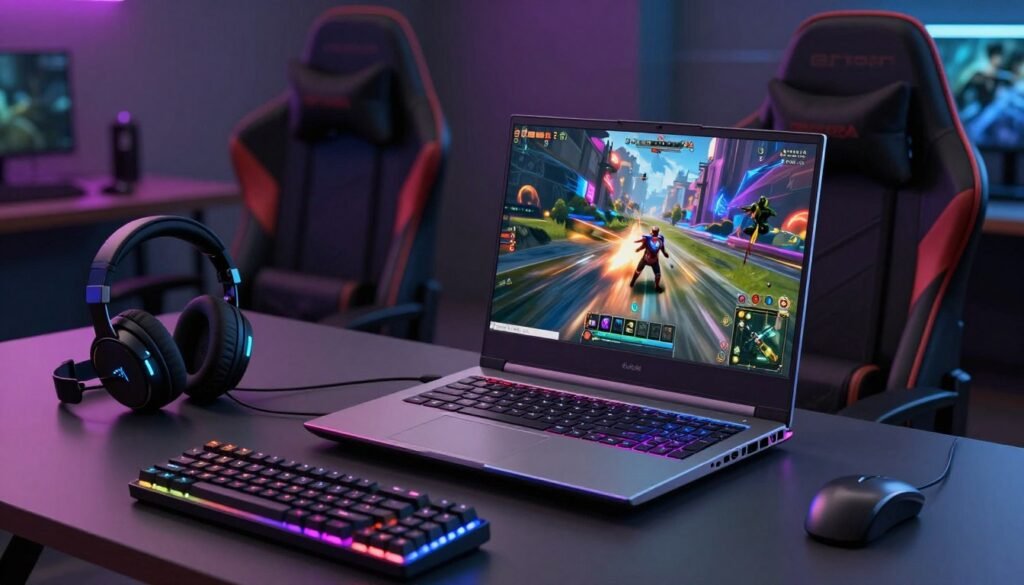 A sleek, high-performance gaming laptop sits prominently on a modern desk, showcasing its vibrant LED lights and sleek design. The laptop screen displays an intense gaming scene, filled with vivid colors and dynamic action. In the foreground, a pair of stylish gaming headphones and a mechanical keyboard with customizable RGB lighting add to the gaming atmosphere. In the middle ground, a comfortable gaming chair is positioned to emphasize the immersive experience. The background features a dimly lit room with subtle neon accents, creating an engaging ambiance. The lighting is soft yet dramatic, highlighting the laptop's features while casting gentle shadows for depth. A slight angle captures both the laptop and its dynamic display, inviting viewers into the gaming world.