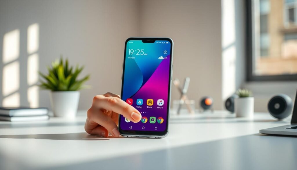 A sleek, modern Android phone displaying a vibrant lock screen filled with stylish widgets like weather, calendar, and music player, all arranged in an aesthetically pleasing layout. The foreground features a hand gently tapping on the screen, showcasing user interaction. In the middle, the phone is set against a clean, well-lit workspace with abstract tech-themed elements subtly blurred in the background. Soft natural lighting from a nearby window illuminates the scene, casting gentle shadows, creating a calm and inviting atmosphere. The composition emphasizes a sense of modern technology and productivity, with an overall focus on usability and design elegance.