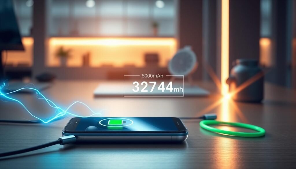 A sleek, modern Android smartphone is depicted in the foreground, showcasing a vibrant screen indicating a fast charging icon. The device is connected to a stylish, high-speed charger with dynamic electric blue and green charging cables radiating energy. In the middle ground, a subtle visual representation of battery capacity appears, with a comparison graph highlighting its 5000mAh capacity against a faint 3274mAh figure. The background features a sleek, tech-inspired workspace with soft ambient lighting, enhancing the overall innovation theme. A warm, energetic atmosphere conveys the excitement of rapid charging technology, while lens flares dance around the scene, emphasizing speed and efficiency. This composition captures the essence of Android's powerful battery capabilities and fast charging advantages.