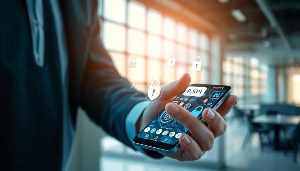 A sleek, modern Android smartphone showcasing a vibrant screen filled with security and privacy features. In the foreground, a user, dressed in professional casual attire, interacts with the phone, their fingers gracefully touching the display. In the middle ground, digital icons representing security (like a padlock and shield) and privacy (like a privacy mask) hover around the device. The background is a softly blurred, contemporary office environment, subtly illuminated by natural light streaming in from large windows. A cool color palette of blues and greens enhances the sense of tech sophistication, while the overall atmosphere conveys trust and safety, reflecting the theme of enhanced security and privacy in Android 15.