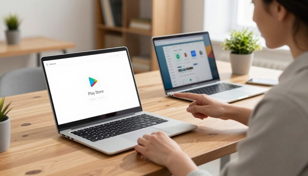 A sleek, modern Chromebook sits on a stylish wooden desk in a cozy home office setting, prominently displaying the Google Play Store icon on its screen. In the foreground, a diligent young professional, wearing smart casual attire, gestures towards the Chromebook, as if demonstrating how to activate the app. The middle ground shows an open laptop, with detailed visuals of the screen showcasing the Play Store interface. In the background, there are soft-focus elements like a bookshelf and a potted plant, creating a welcoming atmosphere. The scene is illuminated by natural light filtering through a nearby window, casting gentle shadows. The mood is focused and informative, emphasizing a sense of efficiency and tech-savviness.