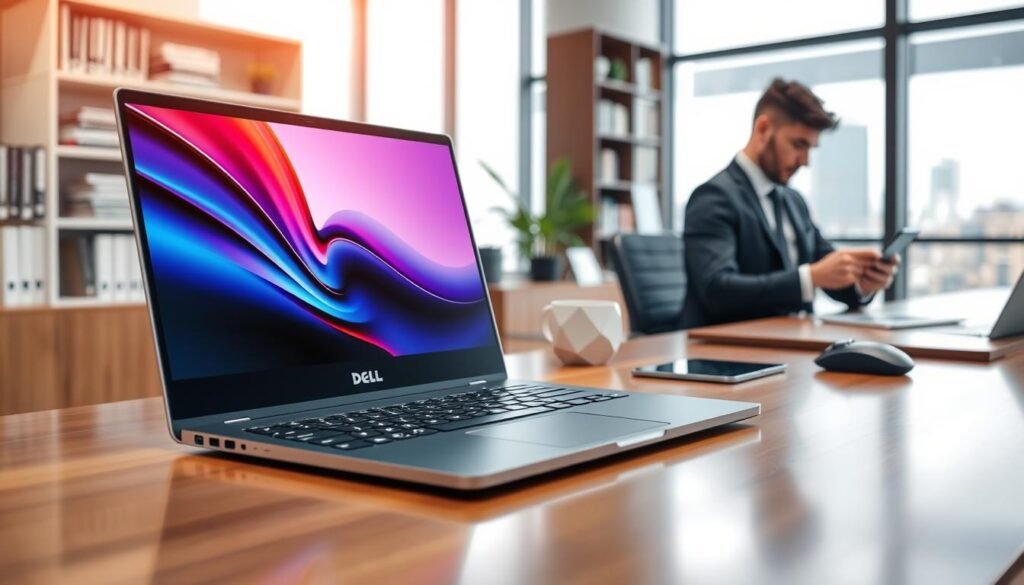 A sleek, modern Dell XPS 14 ultrabook featuring a Mini-LED display sits prominently on a polished wood desk in a contemporary office environment. In the foreground, the laptop’s screen is lit up, showcasing vibrant colors and sharp details, emphasizing its benchmark performance. To the right, a business professional in smart attire is working intently, highlighting the laptop's usability for productivity. In the middle ground, a few tech gadgets like a smartphone and a wireless mouse add to the tech-savvy atmosphere. The background features a soft-focused view of shelves filled with books and a subtle cityscape through a large window, bathed in soft natural lighting that fosters a calm and professional mood. The image should be captured from a slightly elevated angle, emphasizing the laptop's sleek design and professional setting.