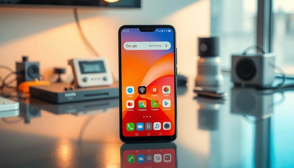 A sleek, modern Xiaomi smartphone prominently displayed as the focus of the image, showcasing its vibrant screen with a detailed interface, including app icons and photography features. The phone is placed on a stylish, reflective surface that enhances its premium build. In the background, softly blurred electronic components and tech gadgets hint at innovation and technology, while warm lighting casts gentle reflections, creating an inviting atmosphere. The angle captures the phone at a slightly elevated perspective, emphasizing its features. Surrounding these elements, a minimalist workspace environment, with subtle shadows, adds to the professional feel, ensuring the focus remains on the Xiaomi flagship device's specifications and price without any distractions.