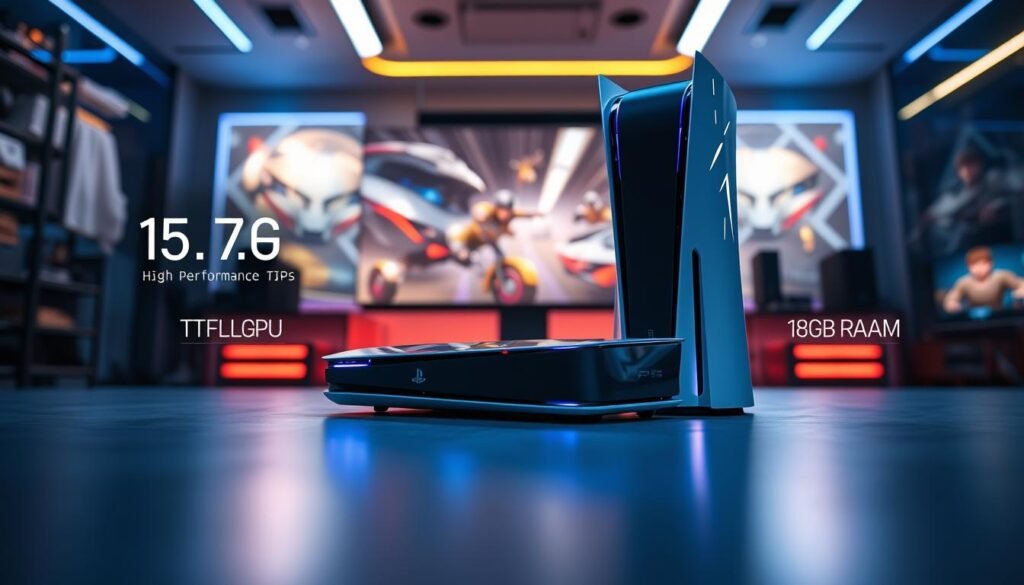 A sleek, modern gaming console positioned prominently in the foreground, showcasing its design features and technical specifications such as "16.7 TFLOPs GPU" and "18GB RAM" in a stylish infographic format. The console has a glossy finish with futuristic LED lighting accents that subtly illuminate the unit. In the middle ground, an artistic representation of high-performance gaming graphics, illustrating intense game scenes with vibrant colors and dynamic action. The background features a soft-focus, high-tech gaming setup with ambient lighting, enhancing the immersive atmosphere. The scene is lit with dramatic, cool lighting to evoke a sense of excitement and innovation, captured from a low angle to emphasize the console’s power and appeal. The overall mood is high-energy and cutting-edge, perfect for showcasing the specifications of the PS5 Pro. A sleek, modern gaming console positioned prominently in the foreground, showcasing its design features and technical specifications such as "16.7 TFLOPs GPU" and "18GB RAM" in a stylish infographic format. The console has a glossy finish with futuristic LED lighting accents that subtly illuminate the unit. In the middle ground, an artistic representation of high-performance gaming graphics, illustrating intense game scenes with vibrant colors and dynamic action. The background features a soft-focus, high-tech gaming setup with ambient lighting, enhancing the immersive atmosphere. The scene is lit with dramatic, cool lighting to evoke a sense of excitement and innovation, captured from a low angle to emphasize the console’s power and appeal. The overall mood is high-energy and cutting-edge, perfect for showcasing the specifications of the PS5 Pro.