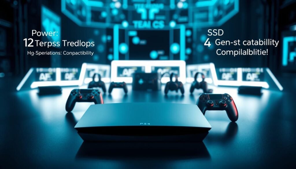A sleek, modern gaming console sits prominently in the foreground, its polished surface reflecting soft, ambient lighting that highlights its cutting-edge design. Surrounding the console are intricate graphics displaying the specifications, such as "Power: 12 Teraflops," "SSD: Ultra-Fast Capabilities," and "4 Generations Compatibility." In the middle ground, an array of gaming accessories like controllers and headsets are artfully arranged, showcasing their futuristic features. The background is subtly blurred, hinting at a tech-inspired environment with LED panels and digital displays emanating a cool blue glow. The overall mood is sophisticated and dynamic, evoking a sense of high-performance technology ready to deliver astonishing gaming experiences. The image composition is sharp, with a focus on detail, captured from a slightly elevated angle to emphasize the console's features.