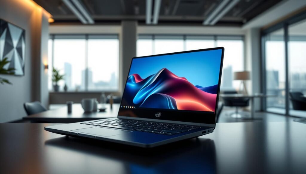 A sleek, modern laptop featuring Intel's Lunar Lake processor, showcased prominently in an elegant office environment. In the foreground, the laptop is open, displaying a vibrant, detailed graphical interface that highlights its features. The middle ground features a stylish desk with minimalist accessories, while soft, natural light spills in from a nearby window, illuminating the scene. The background displays a slight blur of an urban landscape, hinting at Indonesia's bustling tech scene. The mood is professional and innovative, evoking a sense of efficiency and cutting-edge technology, with a focus on the laptop's thin profile and advanced design. The image should convey sophistication and a forward-thinking atmosphere, perfectly capturing the essence of the new Intel Lunar Lake laptops without any text or additional elements.