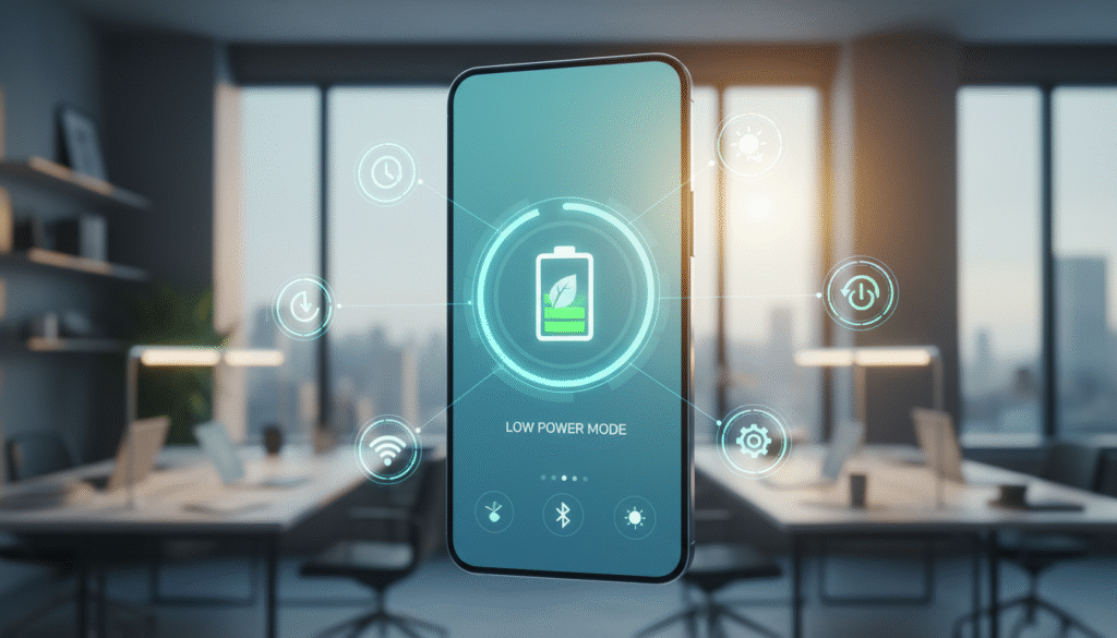A sleek modern smartphone displaying the "Low Power Mode" feature on its screen, highlighted in the foreground. The background features a blurred, softly lit room emphasizing a tech-friendly atmosphere. In the middle, various icons representing battery-saving features and settings float around the phone, symbolizing optimization and efficiency. The lighting is bright and warm, suggesting a productive environment, while a soft-focus effect adds to the technological feel. A subtle gradient of blues and greens creates a calming mood, hinting at sustainability and smart energy; the image conveys a sense of innovation and modernity without any text or distractions.