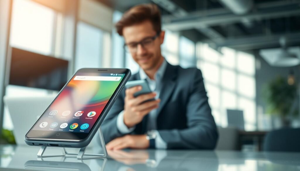 A sleek, modern smartphone with a glossy finish, featuring a vibrant display showcasing the latest Android interface. The device is positioned in the foreground, slightly tilted, capturing the light to highlight its contours. In the middle ground, a professional-looking individual, dressed in business casual attire, is thoughtfully examining the smartphone, with a slight smile, indicating satisfaction. The background features a blurred office setting, softly illuminated by natural daylight streaming through a window, giving a sense of an innovative and tech-savvy environment. The overall mood is optimistic and forward-thinking, emphasizing the concept of upgrading and evolution in technology.