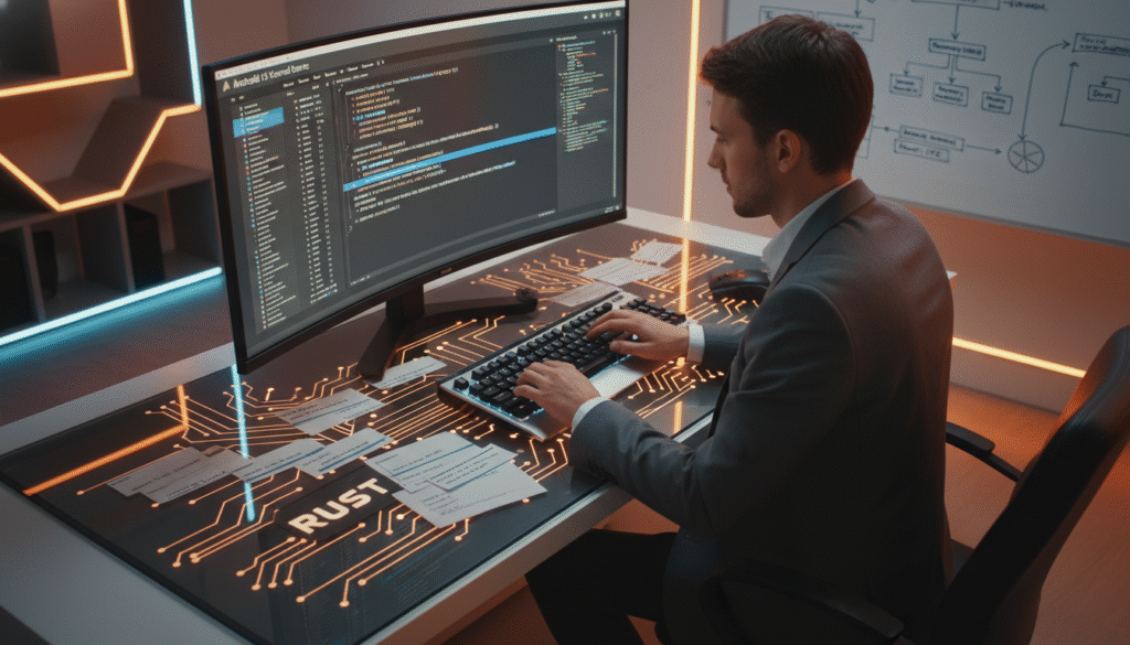 A sleek, modern workspace showcasing a computer screen displaying the Android 15 kernel. In the foreground, light reflects off a glass surface featuring a circuit board with glowing details, signifying the integration of Rust. In the middle, a focused programmer in professional business attire types on a mechanical keyboard, surrounded by notes and tags representing various coding commits. The background features a soft glow from LED lights, hinting at a high-tech ambiance. A partial view of a whiteboard filled with diagram sketches of kernel architecture adds depth. The overall mood is centered on innovation and technical prowess, captured with a high-angle perspective to highlight the complexity of the workspace. Lighting should be warm and inviting, emphasizing creativity and focus.