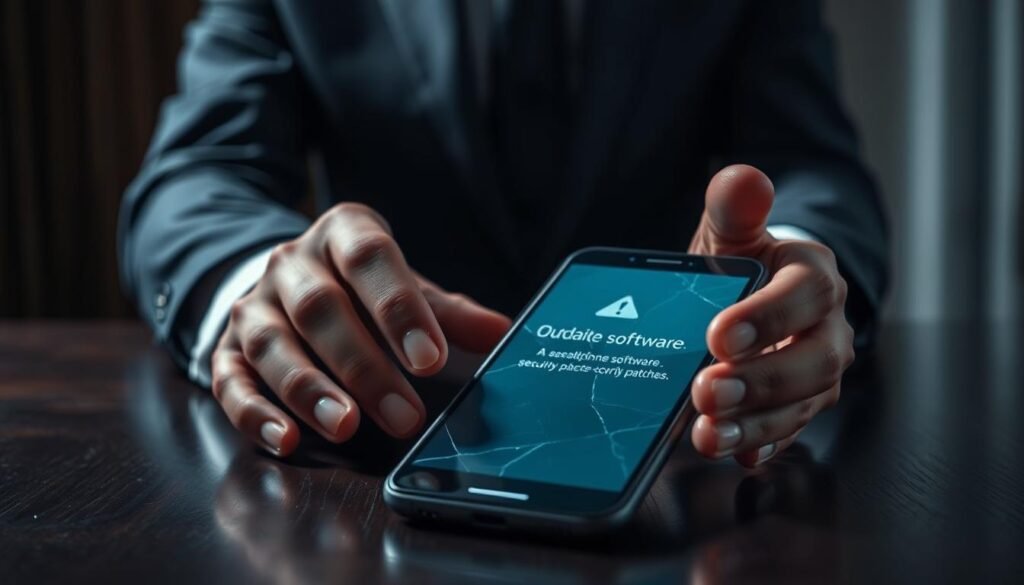 A smartphone on a dark wooden table, with a cracked screen and displaying a warning symbol indicating outdated software. In the foreground, a pair of hands, dressed in professional business attire, is reaching towards the phone, showcasing concern. The middle section features a blurred background with an ominous glow that represents the dangers of security vulnerabilities. Dim overhead lighting creates shadows that enhance the mood of anxiety and urgency, while a subtle light reflects off the phone’s screen, drawing attention to the warning message. The environment should feel tense, emphasizing the risks associated with not updating smartphone security patches.