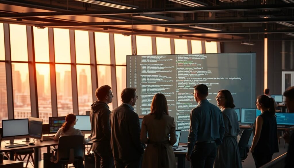 A sophisticated and highly detailed visual representation of the Linux kernel development model. In the foreground, showcase a group of diverse, professional individuals, including software developers and engineers, engaged in collaborative discussions around a large interactive digital board displaying complex code snippets. In the middle ground, a modern office environment filled with computers, monitors, and collaborative workspaces can be seen, highlighting teamwork and innovation. The background should feature a sleek, futuristic city skyline through large windows, symbolizing the far-reaching impact of open-source collaboration. Utilize warm, ambient lighting to create an inspiring and productive atmosphere, captured from a slightly elevated angle to provide a dynamic view of the setting, emphasizing the theme of collaboration and progress in technology.