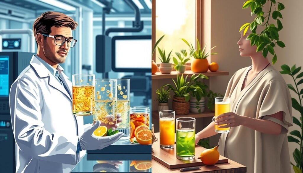 A split-screen illustration comparing nano detox technology and traditional detox methods. On the left, depict a modern laboratory setting with a scientist in professional attire, showcasing nanozymes in high-tech glassware, confirming their effectiveness in detoxification. The background features futuristic equipment and glowing screens. On the right, illustrate a serene traditional detox space, with herbal remedies, fresh fruits, and a relaxed atmosphere. A holistic practitioner in modest clothing is preparing natural detox drinks. Use soft lighting to create a calming mood, with a focus on clarity and detail. The angle should be slightly elevated to capture both environments effectively, allowing viewers to appreciate the contrast and benefits of each detox method.