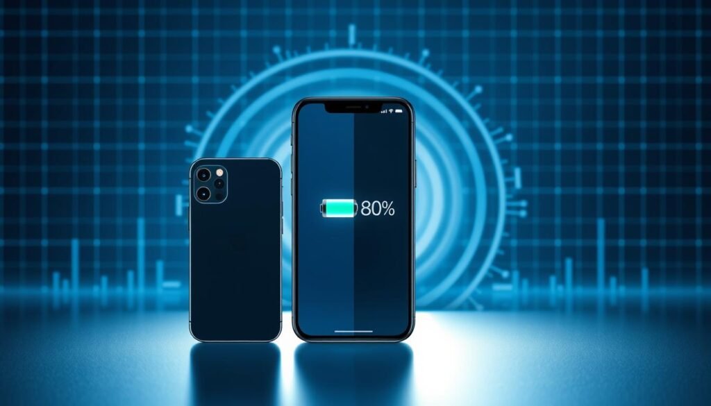 A split-screen illustration that visually contrasts the battery efficiency of an iPhone 14 and an Android phone with a 5000mAh battery. In the foreground, display the sleek iPhone 14, emphasizing its compact design and featuring a glowing battery icon showing 80% charge, surrounded by light reflections. In the middle, place the larger Android phone with a 5000mAh battery, highlighting its bulkier design and showcasing a battery icon at 50% charge. In the background, depict a faint grid or circuit pattern, symbolizing advanced technology and innovation. Use soft, modern lighting to create a polished, professional atmosphere, focusing on clarity and detail to emphasize the efficiency difference. Aim for a cool color palette with blues and greys, reflecting a high-tech environment.