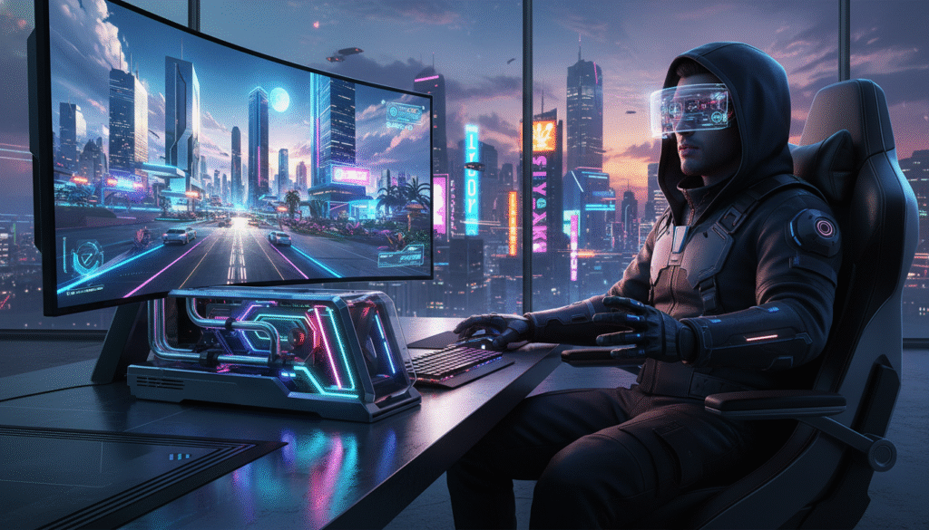 A stunning futuristic gaming environment showcasing real-time ray tracing technology. In the foreground, a sleek, high-tech gaming PC, with visible glowing components and reflective surfaces, casts dynamic light patterns. In the middle ground, a character in professional gaming attire interacts with an immersive, visually stunning game world; their face is illuminated by vibrant reflections and intricate shadows created by advanced lighting effects. The background features a highly detailed, ultra-realistic cityscape at dusk, with neon lights and a dynamic sky that mirror the game's realistic lighting. The scene evokes excitement and innovation, demonstrating the power of ray tracing in creating lifelike visuals that redefine gaming experiences. Bright highlights and deep shadows create a dramatic atmosphere, making the viewer feel as if they are stepping into a new era of gaming realism.