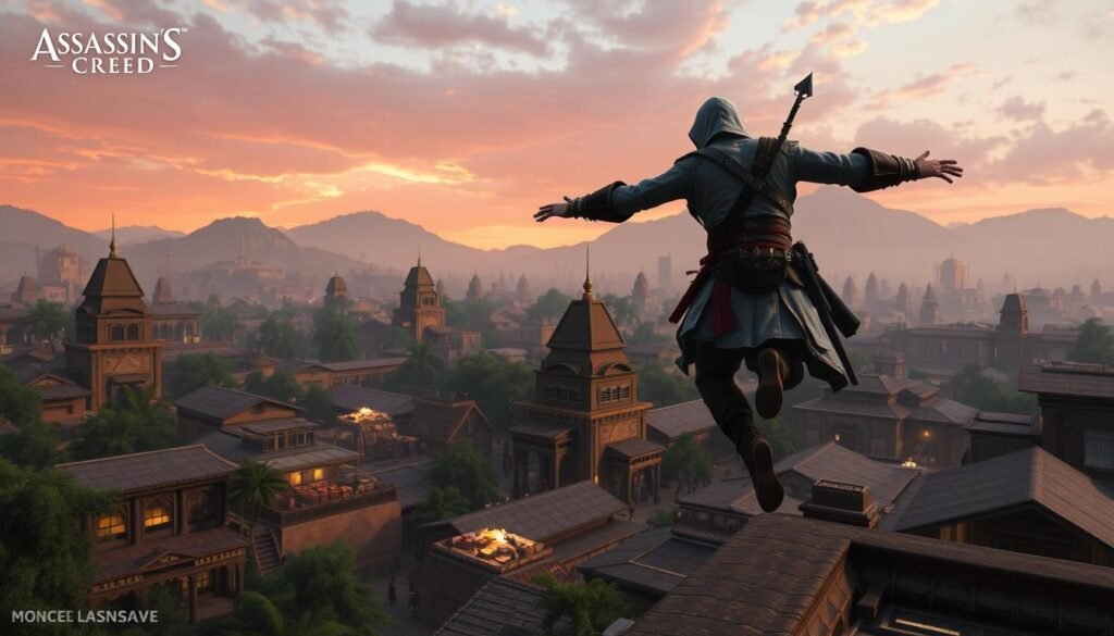A stunning open-world landscape inspired by the Assassin's Creed series, showcasing a vibrant city bustling with life. In the foreground, a stealthy assassin in a detailed, blended outfit gracefully leaps between rooftops, capturing a sense of dynamic movement. The middle ground features lush greenery and ancient architecture, punctuated by market stalls filled with colorful goods and vendors engaging with villagers. In the background, towering mountains and a dramatic sunset sky with warm hues of orange and purple create a captivating atmosphere, emphasizing exploration and adventure. The scene is illuminated by soft, diffused lighting, enhancing the depth and details of the environment. The composition is shot from a low angle, accentuating the assassin and the sprawling world, evoking a sense of ambition and discovery.