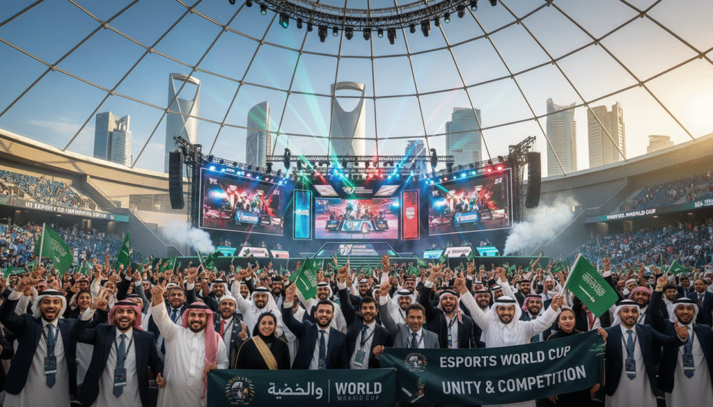 A stunning view of a modern esports arena in Saudi Arabia, bustling with fans and gamers. In the foreground, attendees dressed in professional business attire are cheering, waving flags, and holding up signs, all radiating excitement. The middle ground features a large stage with high-tech screens showcasing esports games, illuminated by colorful stage lights creating a vibrant atmosphere. In the background, outline the iconic skyline of Riyadh, featuring the Kingdom Centre and other futuristic skyscrapers under a clear blue sky. Ensure the lighting is bright and dynamic, reflecting the energy of a major event. Capture the excitement and anticipation of the Esports World Cup, emphasizing a spirit of unity and competition.
