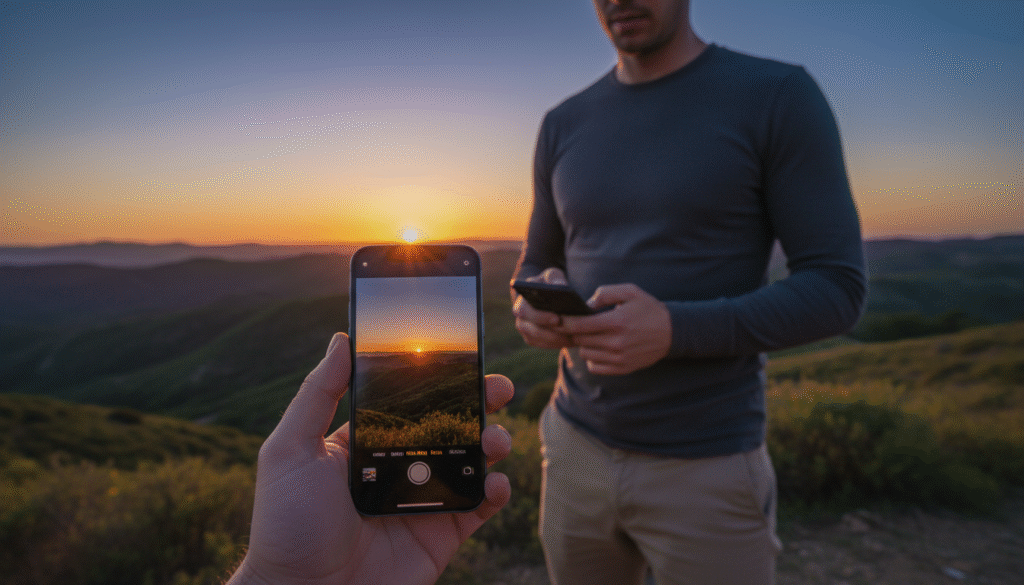 A stunning visual representation of an iPhone in cinematic mode, prominently displayed in the foreground, capturing breathtaking video footage of a vibrant sunset landscape. The iPhone screen glows with vibrant colors, showcasing a scene with deep shadows and bright highlights, indicative of Dolby Vision quality. In the middle ground, a person in smart casual attire holds the iPhone, focused intently on filming, emphasizing the act of capturing high-quality video. The background features a scenic horizon with rolling hills and a rich sky transitioning from blue to warm oranges and purples. Soft, natural lighting bathes the scene, creating a warm and inviting atmosphere while highlighting the advanced videography capabilities of the iPhone. The composition emphasizes clarity and depth, accentuating the cinematic quality of the image.