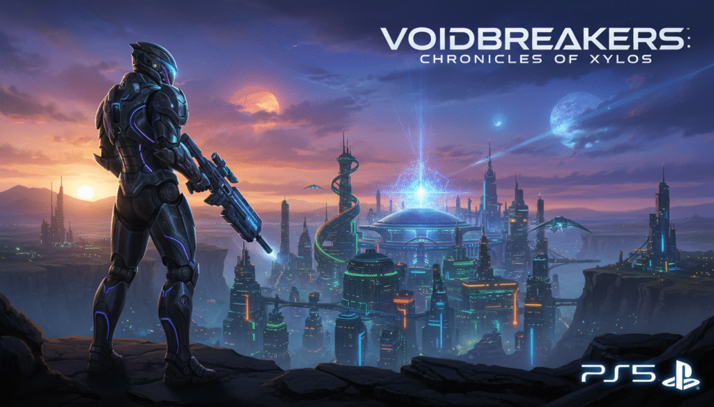 A stunning visualization of an exclusive PS5 game for 2024-2025, featuring an imaginative sci-fi landscape. In the foreground, a sleek, futuristic character clad in advanced armor stands heroically, holding a high-tech weapon, showcasing the exciting elements of the game. The middle ground reveals an intricately designed alien city with glowing neon lights and towering structures, highlighting the game's immersive environment. The background consists of a dramatic sky, with vibrant colors blending at sunset, casting dynamic shadows and an ethereal glow. The atmosphere is filled with a sense of adventure and mystery, drawing the viewer in. The lighting should be dramatic, with soft highlights that emphasize the character and setting. The angle is slightly low, focusing upward to accentuate the towering city and emphasize the character's importance. A stunning visualization of an exclusive PS5 game for 2024-2025, featuring an imaginative sci-fi landscape. In the foreground, a sleek, futuristic character clad in advanced armor stands heroically, holding a high-tech weapon, showcasing the exciting elements of the game. The middle ground reveals an intricately designed alien city with glowing neon lights and towering structures, highlighting the game's immersive environment. The background consists of a dramatic sky, with vibrant colors blending at sunset, casting dynamic shadows and an ethereal glow. The atmosphere is filled with a sense of adventure and mystery, drawing the viewer in. The lighting should be dramatic, with soft highlights that emphasize the character and setting. The angle is slightly low, focusing upward to accentuate the towering city and emphasize the character's importance.