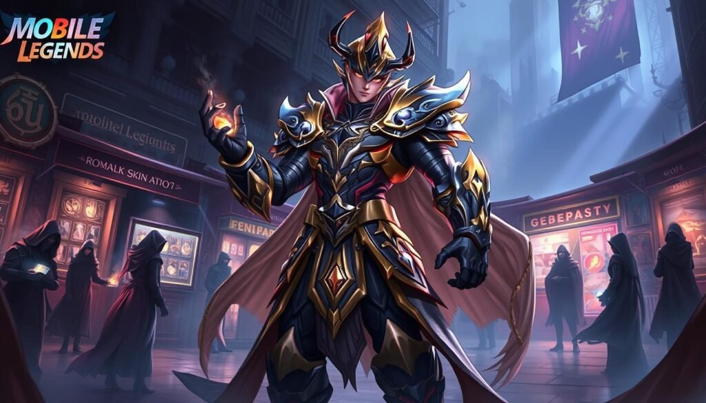 A stunningly detailed fantasy illustration featuring a legendary skin character from the Mobile Legends: Bang Bang universe. In the foreground, the character stands heroically, adorned in extravagant, shimmering armor with intricate designs that showcase their status as a coveted skin. Their dramatic pose embodies power and confidence. In the middle ground, various shadowy figures surround them, representing the black market of skin transactions, cloaked in darkness, exchanging mysterious glowing items. The background is a dimly lit urban bazaar, populated with stalls displaying rare attributes, enveloped in a moody atmosphere, with deep shadows and ethereal lighting that accentuates the legendary skin's brilliance. The scene focuses on capturing the thrill of the underground economy, with an overall sense of intrigue and excitement.