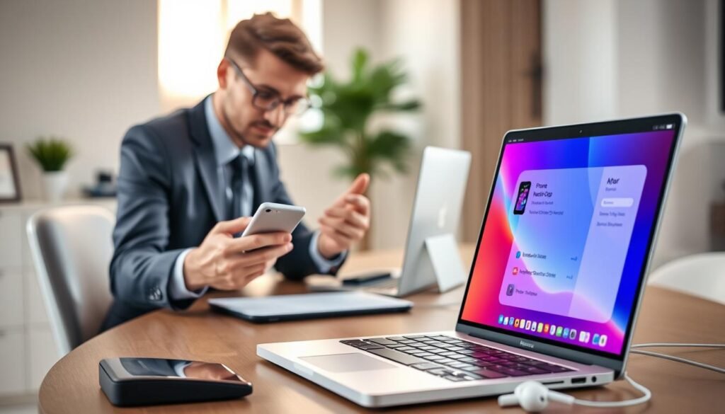 A stylish workspace featuring a modern MacBook displaying a vibrant interface that showcases iPhone control options. In the foreground, a professional individual, dressed in a smart business attire, is engaging with the MacBook while holding an iPhone, looking focused and intrigued. The middle layer includes a sleek desk setup with tech accessories like a wireless keyboard and earphones. The background is softly blurred to reveal a minimalistic home office with warm, inviting lighting flowing through a window, creating a productive and inspiring atmosphere. The image evokes a sense of efficiency and modernity, highlighting the seamless integration of Apple devices, perfect for illustrating tips on optimizing iPhone usage from a Mac. A stylish workspace featuring a modern MacBook displaying a vibrant interface that showcases iPhone control options. In the foreground, a professional individual, dressed in a smart business attire, is engaging with the MacBook while holding an iPhone, looking focused and intrigued. The middle layer includes a sleek desk setup with tech accessories like a wireless keyboard and earphones. The background is softly blurred to reveal a minimalistic home office with warm, inviting lighting flowing through a window, creating a productive and inspiring atmosphere. The image evokes a sense of efficiency and modernity, highlighting the seamless integration of Apple devices, perfect for illustrating tips on optimizing iPhone usage from a Mac.